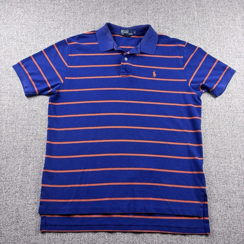 Polo Ralph Lauren Polo Shirt Men's L Blue Orange Pony Rugby Classic Fit Preppy